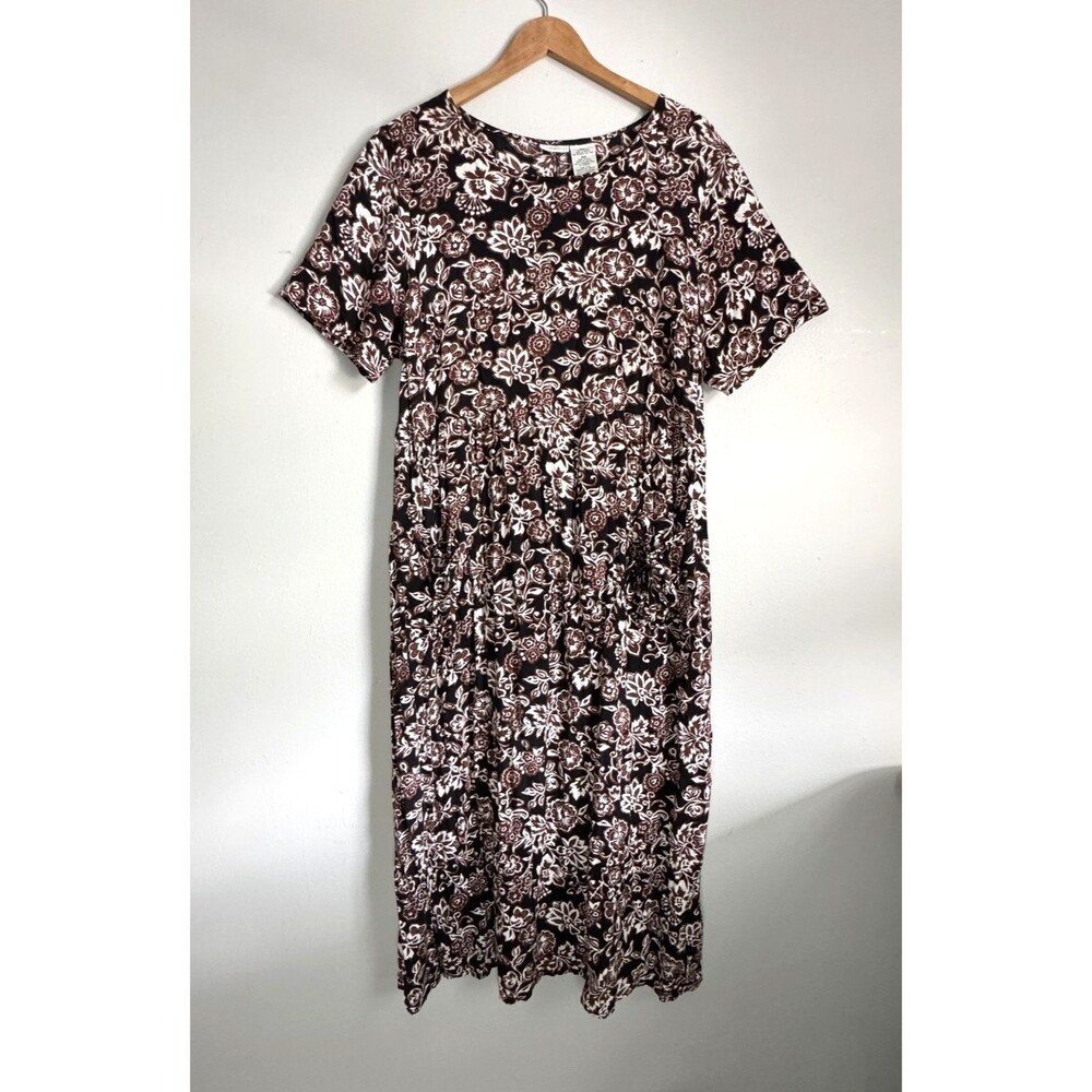 Vtg White Stag Floral Short Sleeve Midi Dress Black Brown Womens Size 22 Cottage